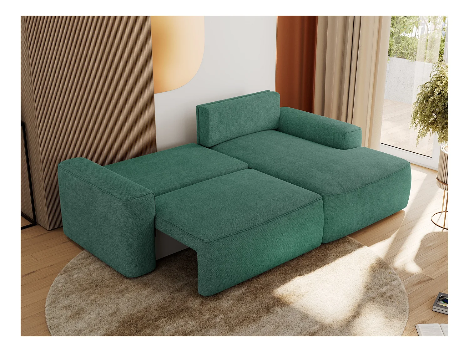 Ecksofa BELLUNO - Schlafsofa mit Bettkasten, Armlehnen, Couch L-form mit Schlaffunktion - Grün Strukture - Ecke Rechts