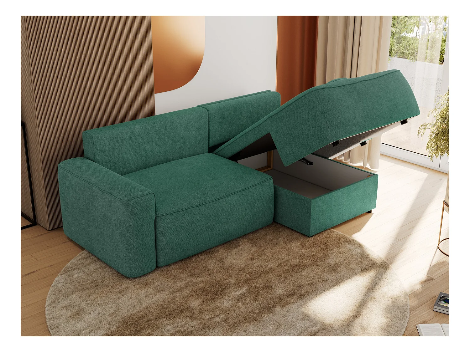 Ecksofa BELLUNO - Schlafsofa mit Bettkasten, Armlehnen, Couch L-form mit Schlaffunktion - Grün Strukture - Ecke Rechts