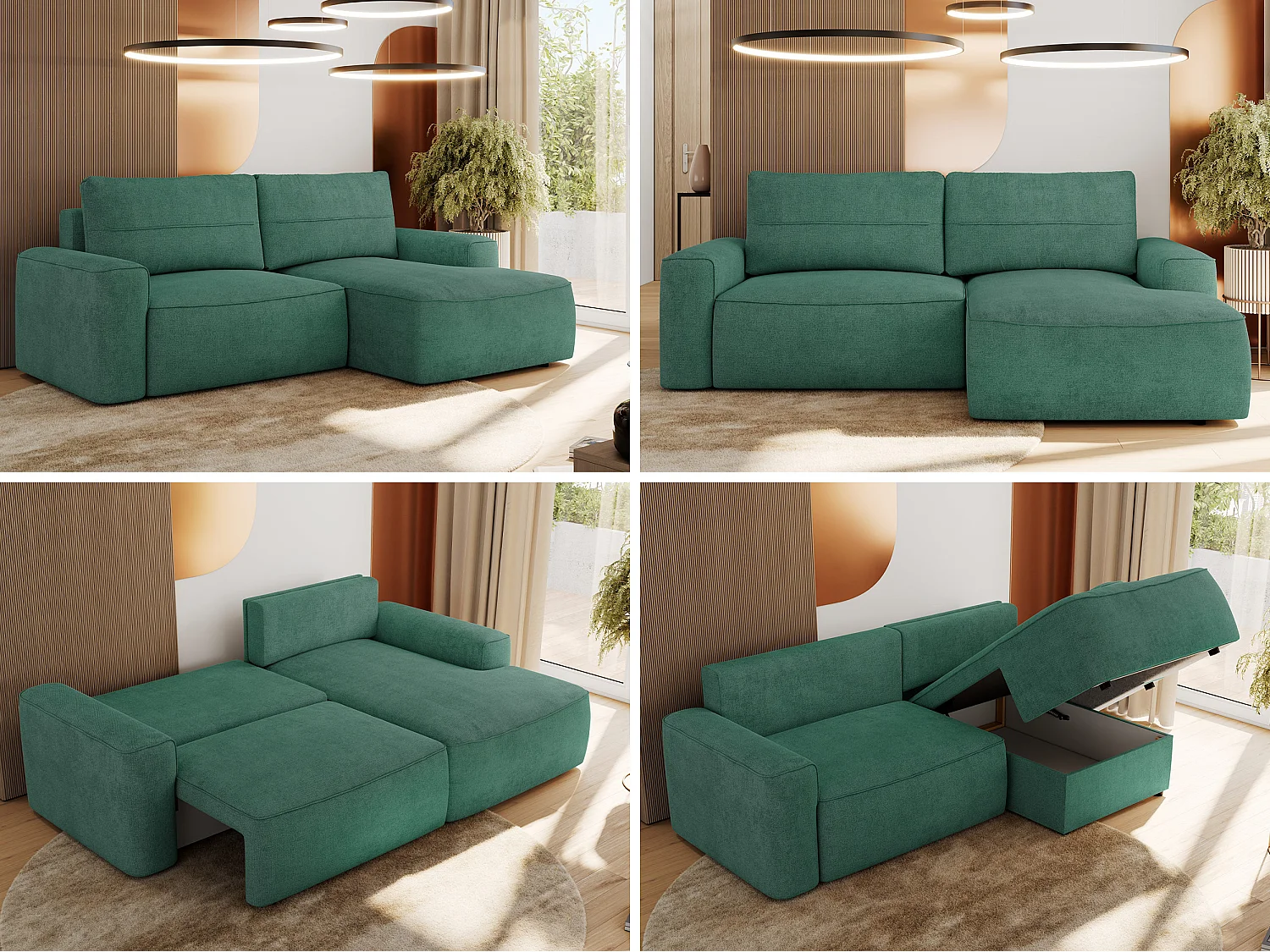 Ecksofa BELLUNO - Schlafsofa mit Bettkasten, Armlehnen, Couch L-form mit Schlaffunktion - Grün Strukture - Ecke Rechts