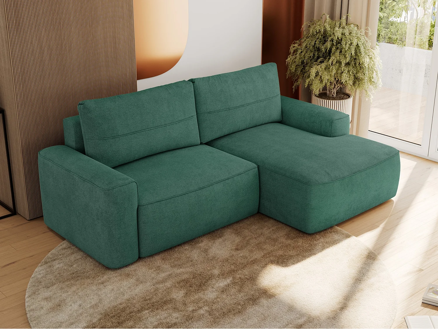 Ecksofa BELLUNO - Schlafsofa mit Bettkasten, Armlehnen, Couch L-form mit Schlaffunktion - Grün Strukture - Ecke Rechts