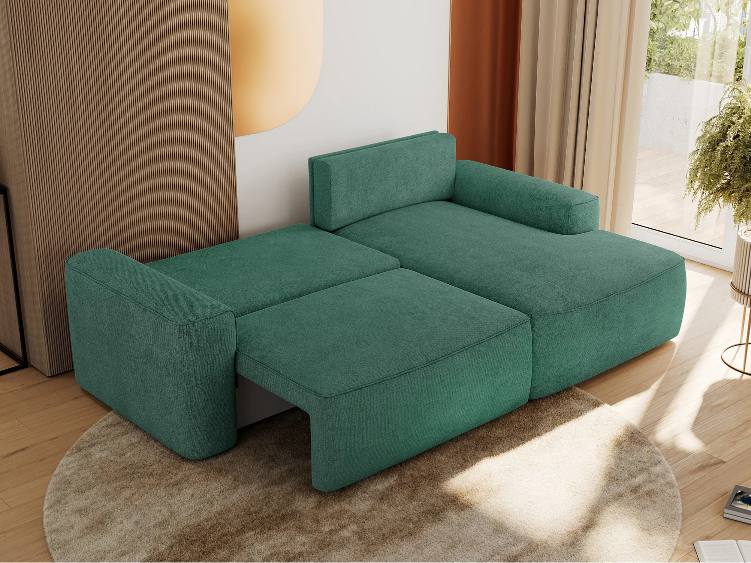 Ecksofa BELLUNO - Schlafsofa mit Bettkasten, Armlehnen, Couch L-form mit Schlaffunktion - Grün Strukture - Ecke Rechts