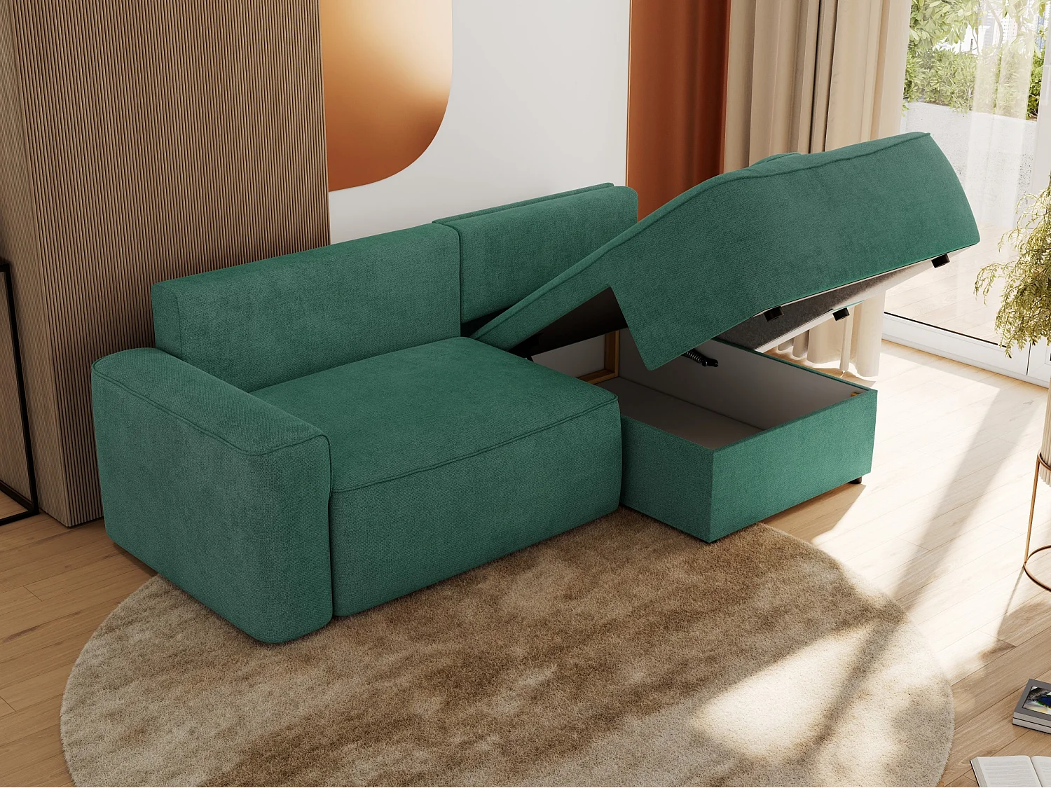 Ecksofa BELLUNO - Schlafsofa mit Bettkasten, Armlehnen, Couch L-form mit Schlaffunktion - Grün Strukture - Ecke Rechts