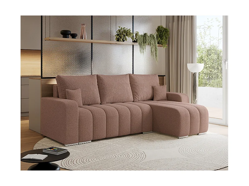 Ecksofa KIRASSO - universelles mit Schlaffunktion und Bettkasten, lose Kissen, Armlehnen - Rosa Boucle