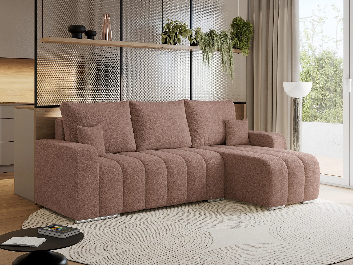 Ecksofa KIRASSO - universelles mit Schlaffunktion und Bettkasten, lose Kissen, Armlehnen - Rosa Boucle