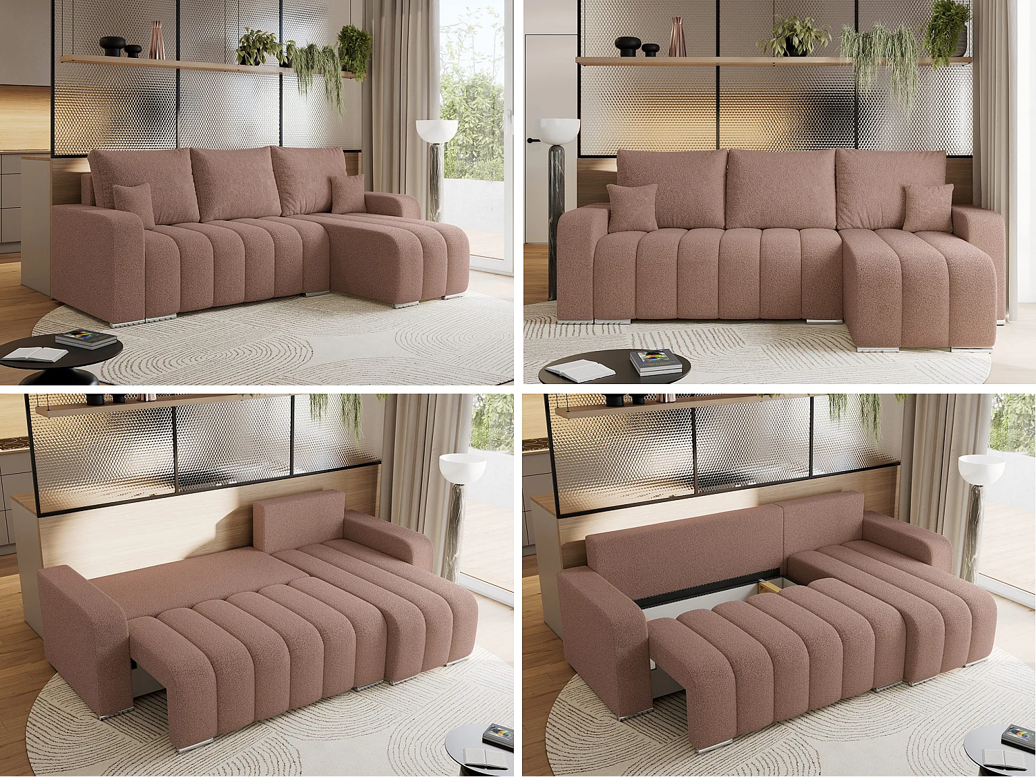 Ecksofa KIRASSO - universelles mit Schlaffunktion und Bettkasten, lose Kissen, Armlehnen - Rosa Boucle