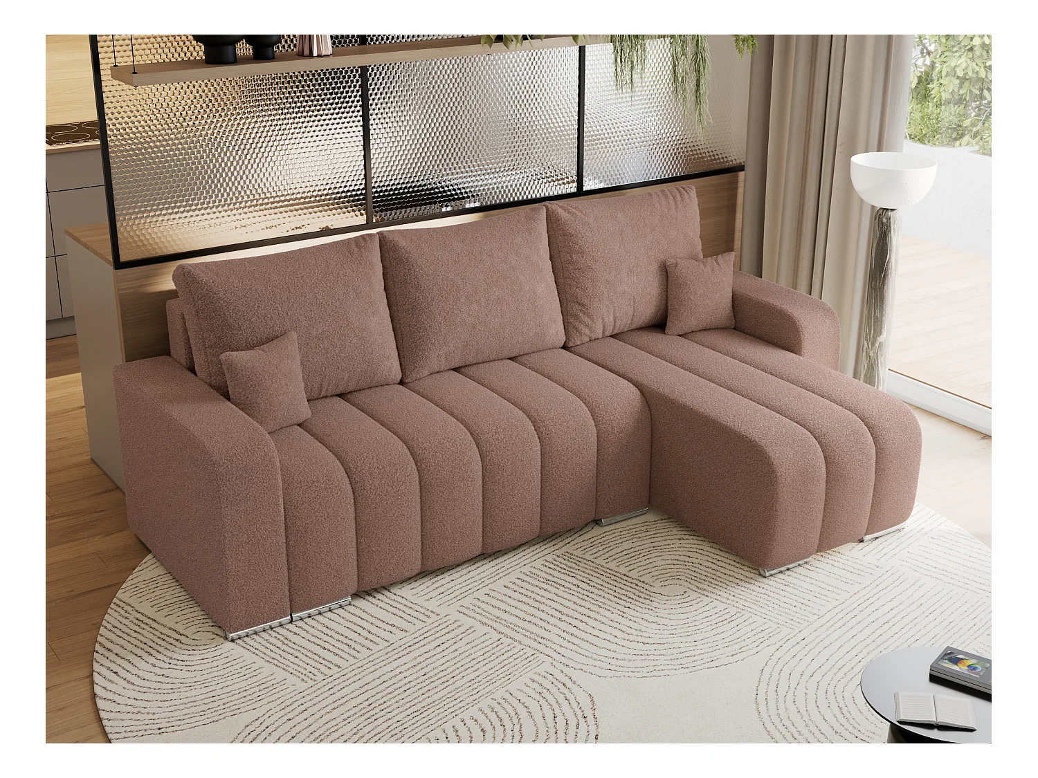 Ecksofa KIRASSO - universelles mit Schlaffunktion und Bettkasten, lose Kissen, Armlehnen - Rosa Boucle