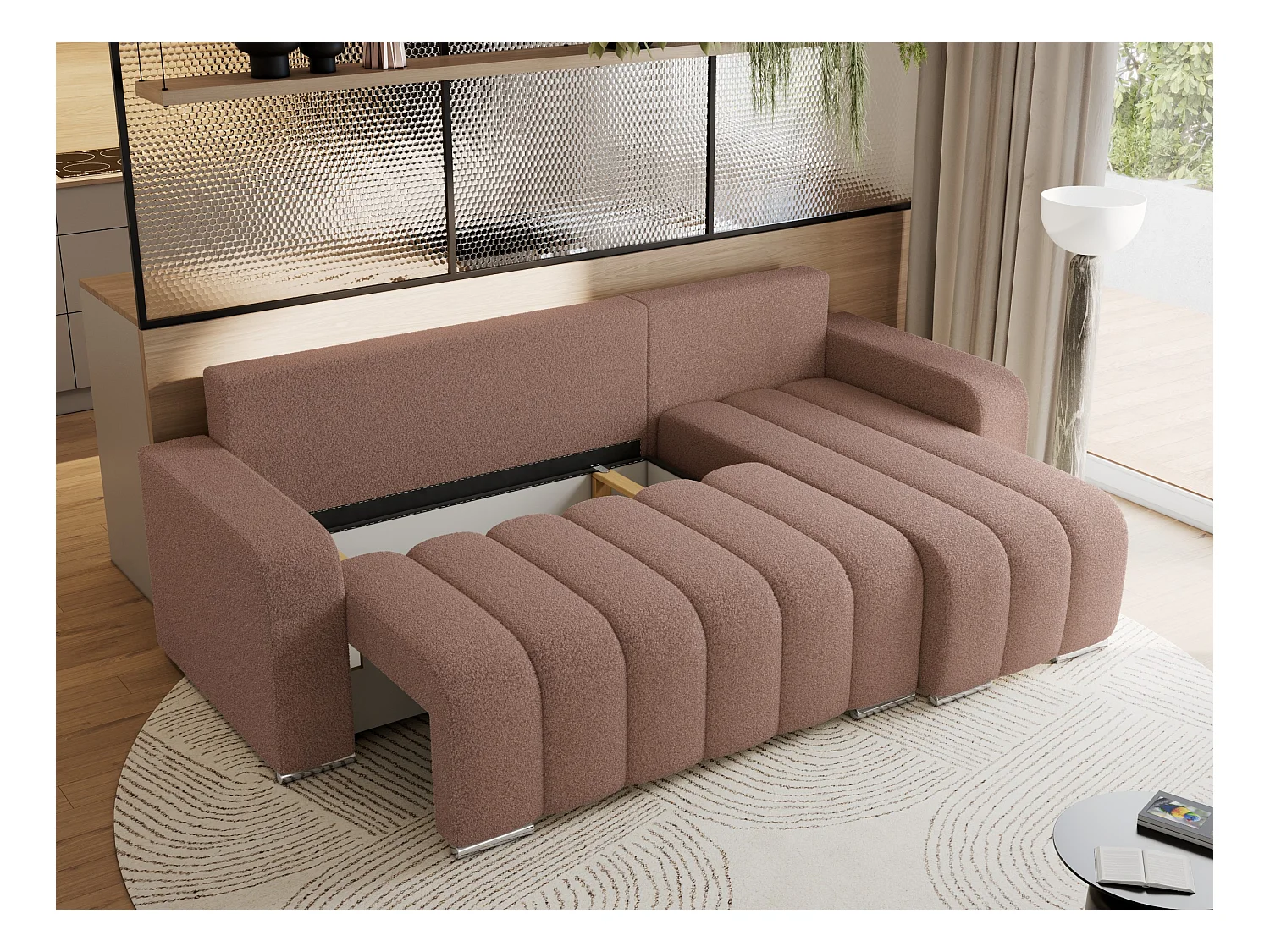 Ecksofa KIRASSO - universelles mit Schlaffunktion und Bettkasten, lose Kissen, Armlehnen - Rosa Boucle