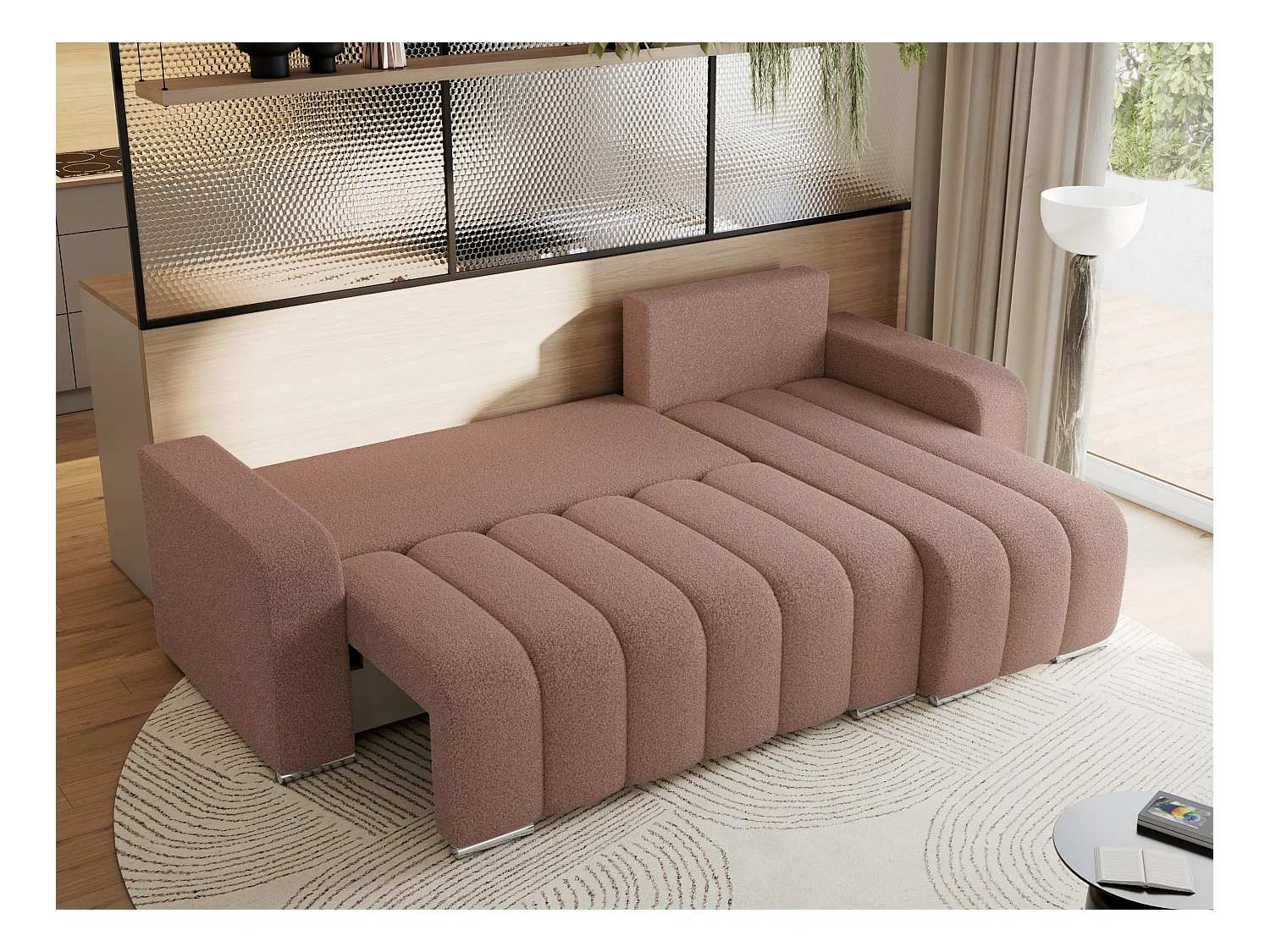 Ecksofa KIRASSO - universelles mit Schlaffunktion und Bettkasten, lose Kissen, Armlehnen - Rosa Boucle