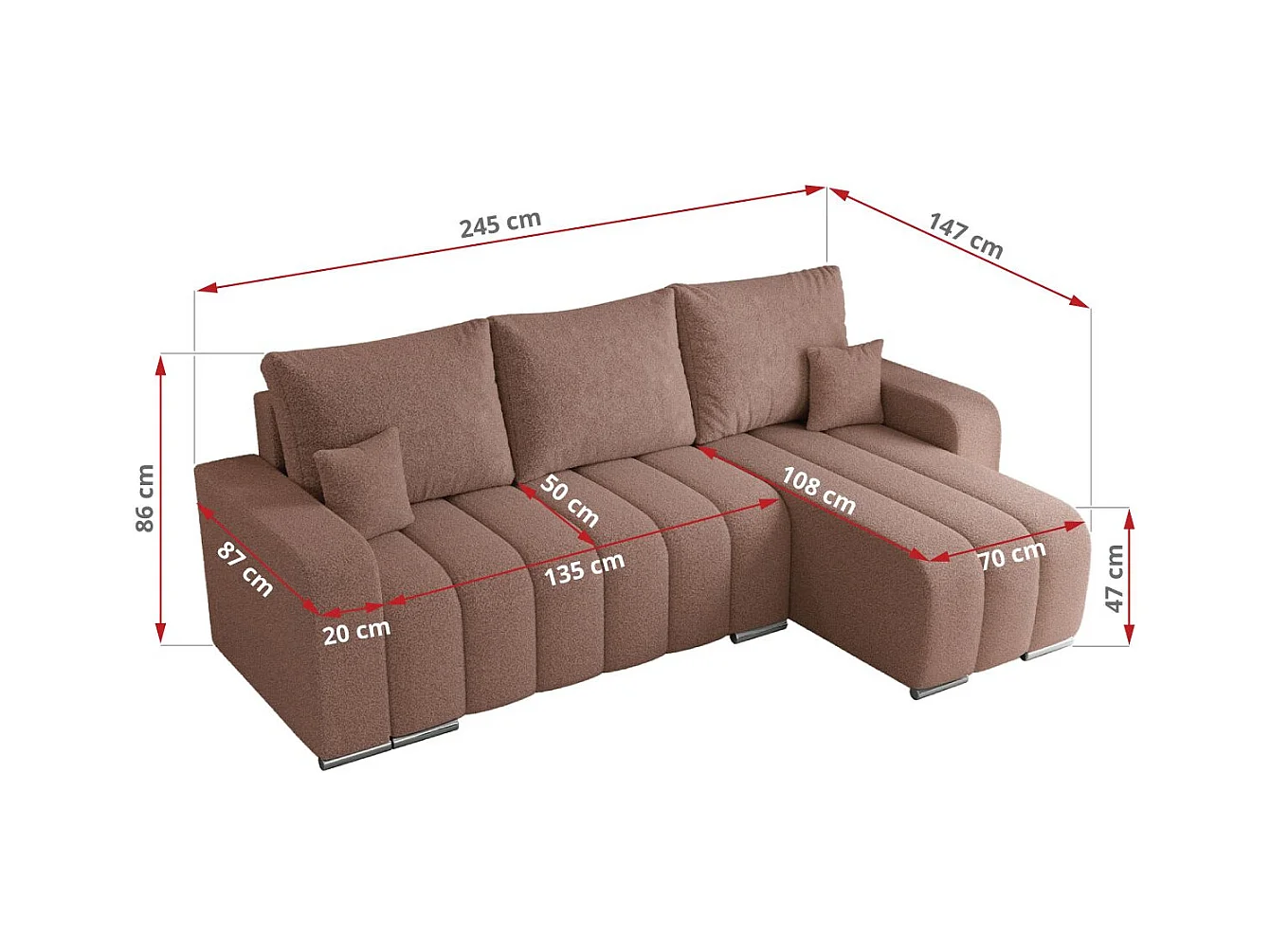 Ecksofa KIRASSO - universelles mit Schlaffunktion und Bettkasten, lose Kissen, Armlehnen - Rosa Boucle