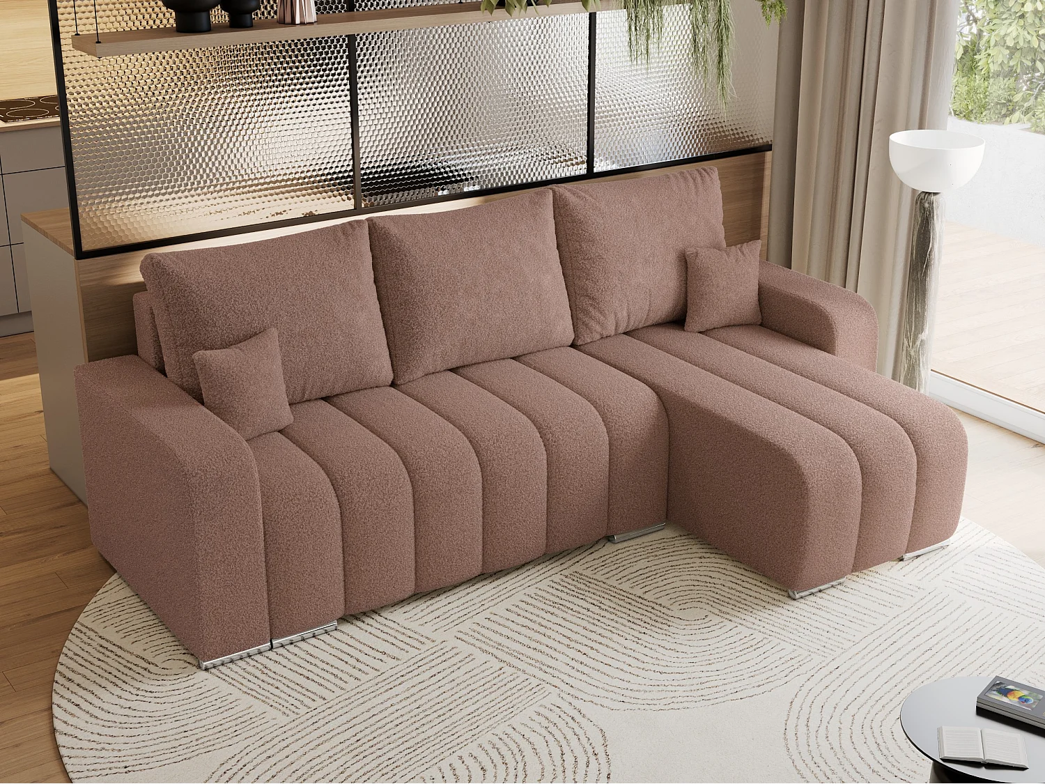 Ecksofa KIRASSO - universelles mit Schlaffunktion und Bettkasten, lose Kissen, Armlehnen - Rosa Boucle