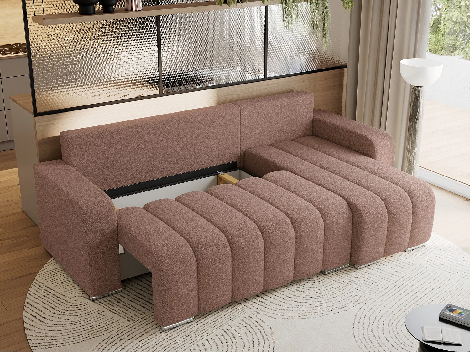 Ecksofa KIRASSO - universelles mit Schlaffunktion und Bettkasten, lose Kissen, Armlehnen - Rosa Boucle