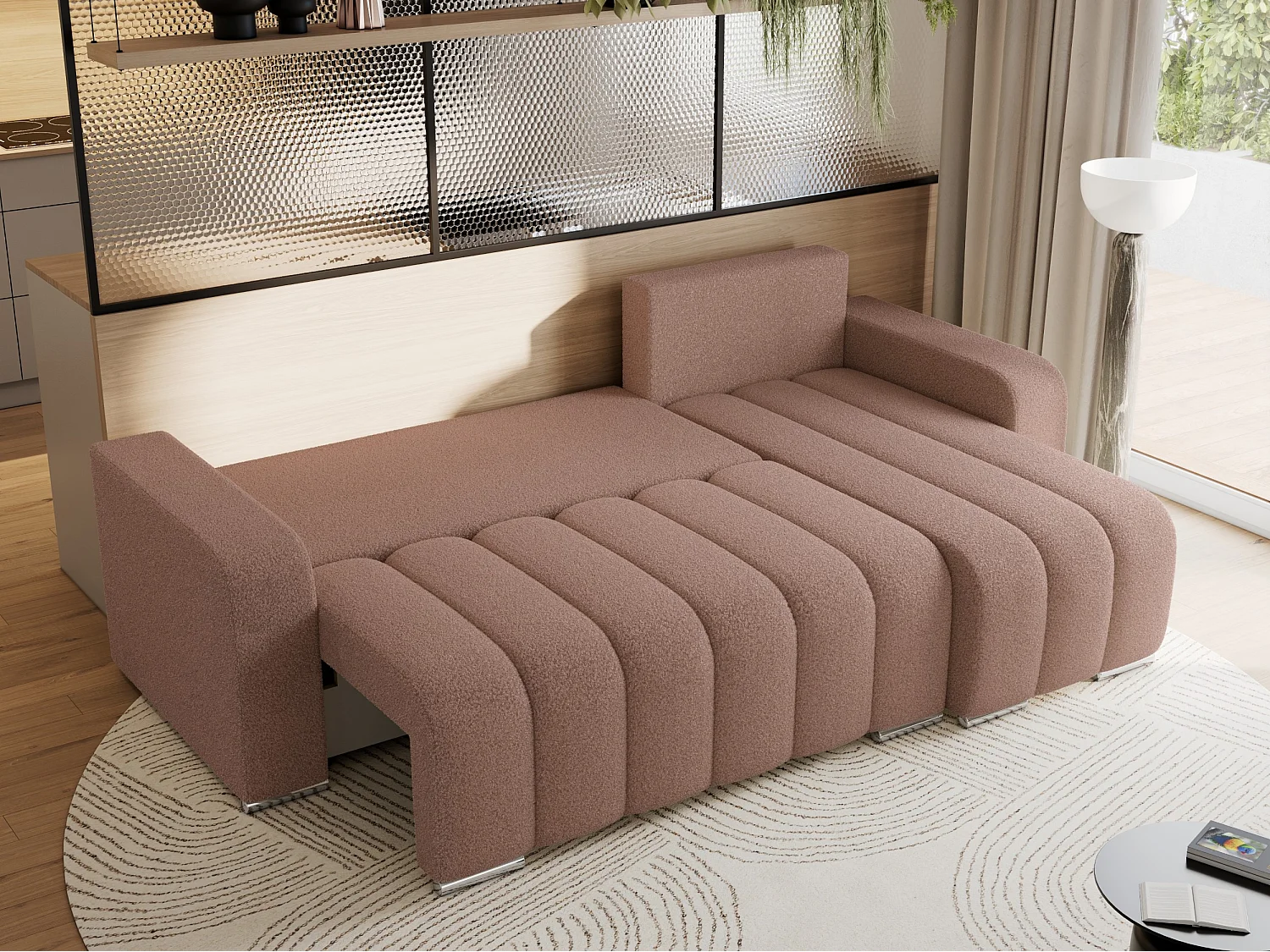 Ecksofa KIRASSO - universelles mit Schlaffunktion und Bettkasten, lose Kissen, Armlehnen - Rosa Boucle