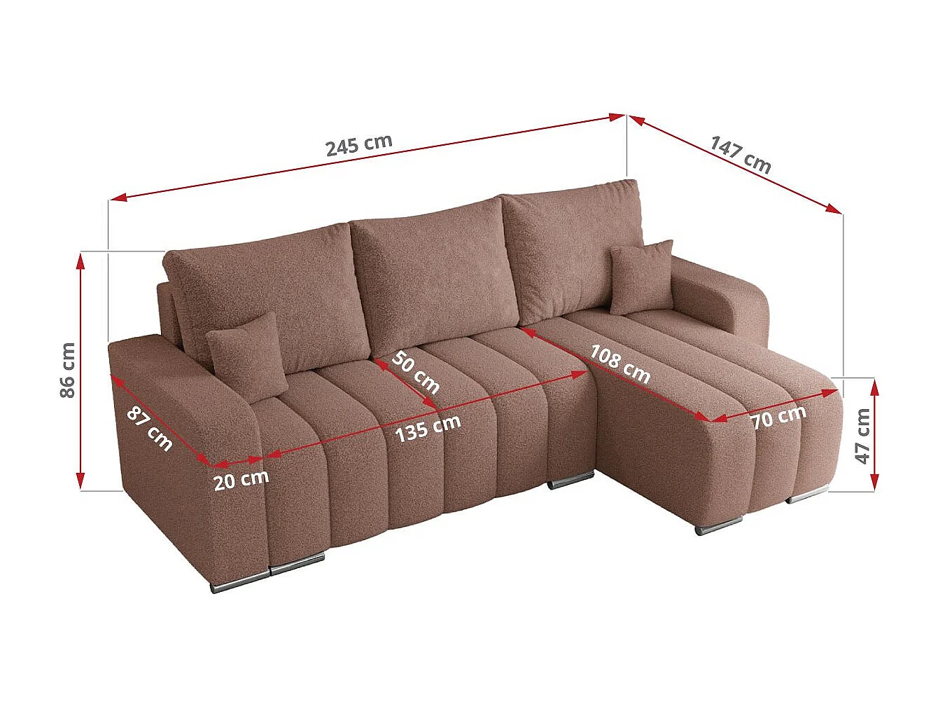Ecksofa KIRASSO - universelles mit Schlaffunktion und Bettkasten, lose Kissen, Armlehnen - Rosa Boucle