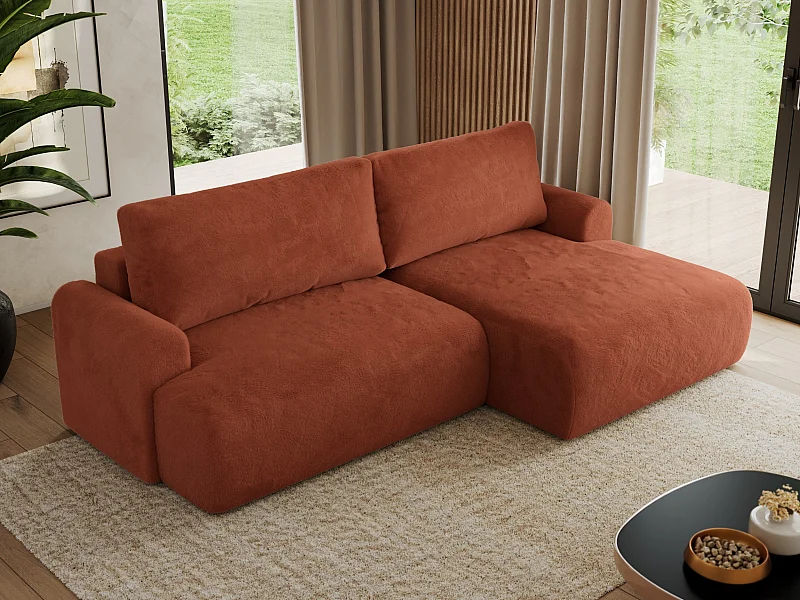 Ecksofa TONO - mit Schlaffunktion und Bettkasten, L-form Ecke, Armlehnen - Orange Plüsch - Ecke Rechts