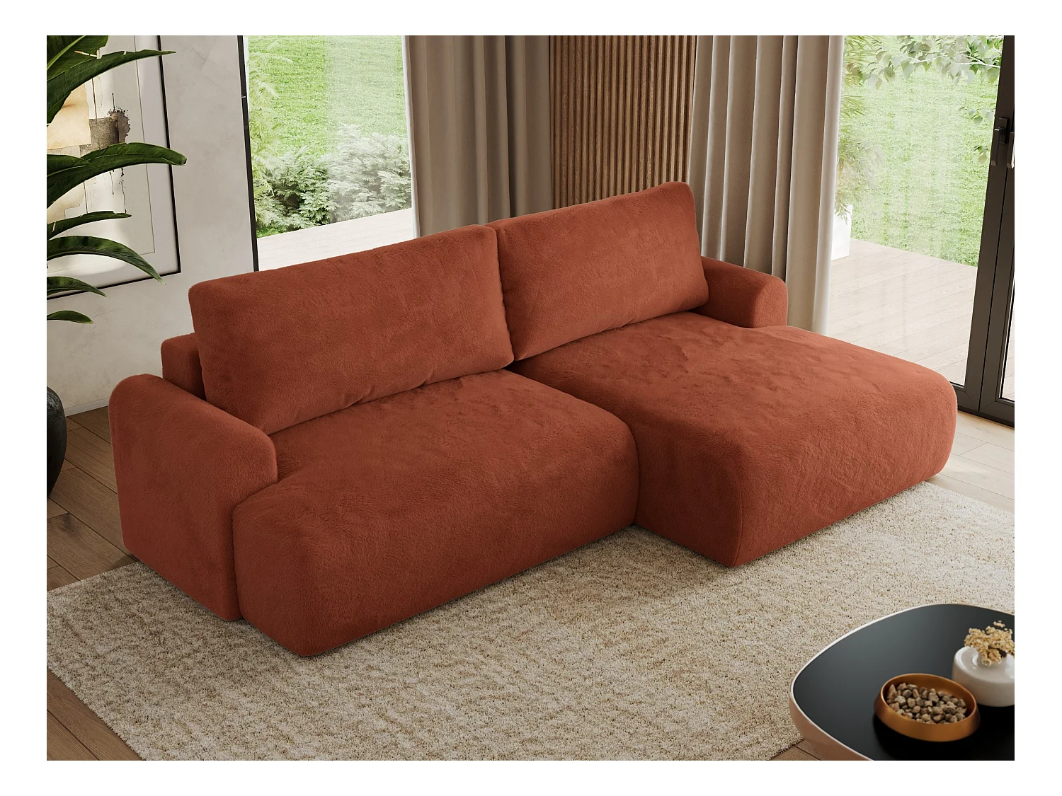 Ecksofa TONO - mit Schlaffunktion und Bettkasten, L-form Ecke, Armlehnen - Orange Plüsch - Ecke Rechts