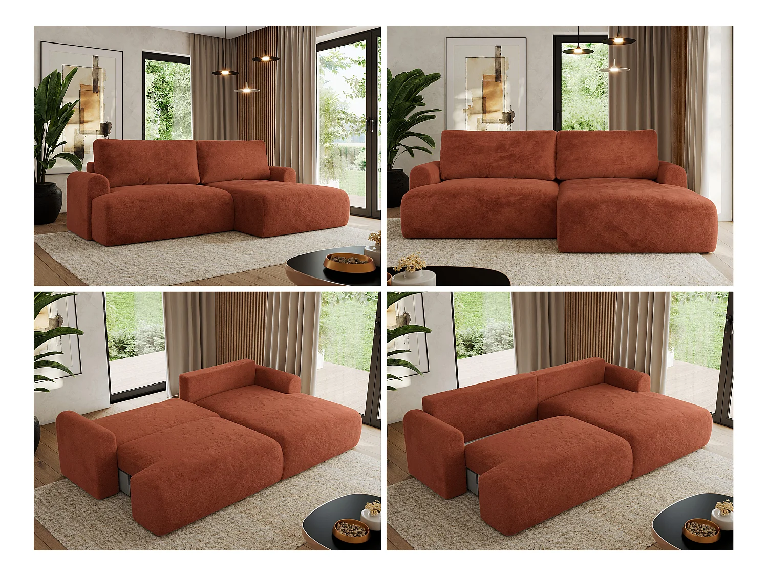 Ecksofa TONO - mit Schlaffunktion und Bettkasten, L-form Ecke, Armlehnen - Orange Plüsch - Ecke Rechts