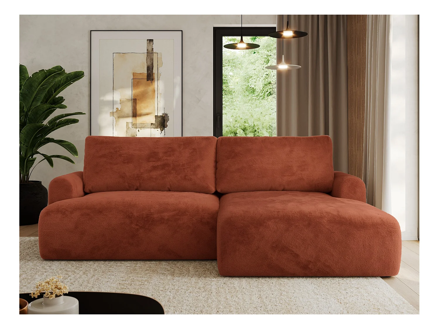 Ecksofa TONO - mit Schlaffunktion und Bettkasten, L-form Ecke, Armlehnen - Orange Plüsch - Ecke Rechts