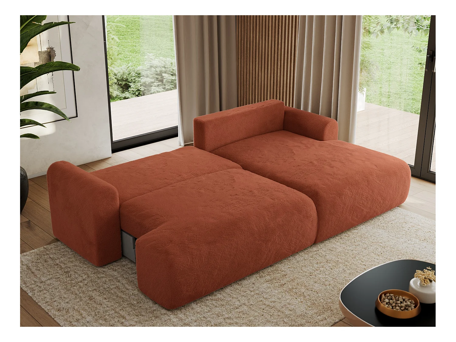 Ecksofa TONO - mit Schlaffunktion und Bettkasten, L-form Ecke, Armlehnen - Orange Plüsch - Ecke Rechts
