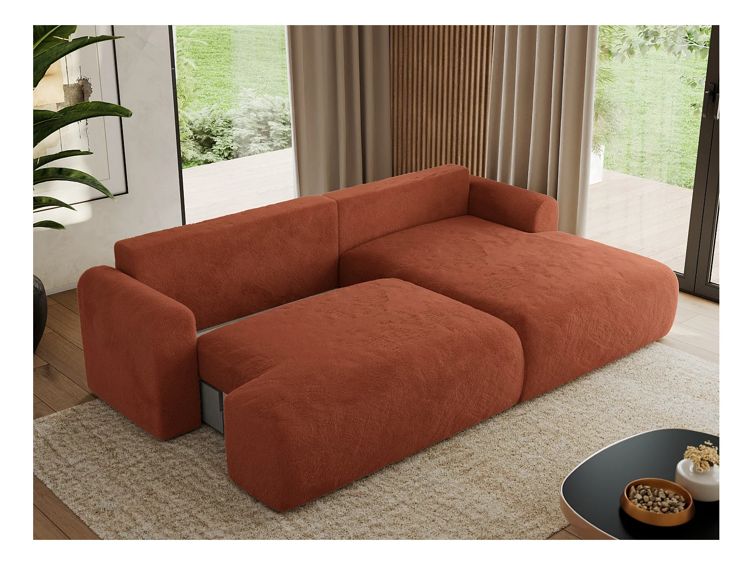Ecksofa TONO - mit Schlaffunktion und Bettkasten, L-form Ecke, Armlehnen - Orange Plüsch - Ecke Rechts