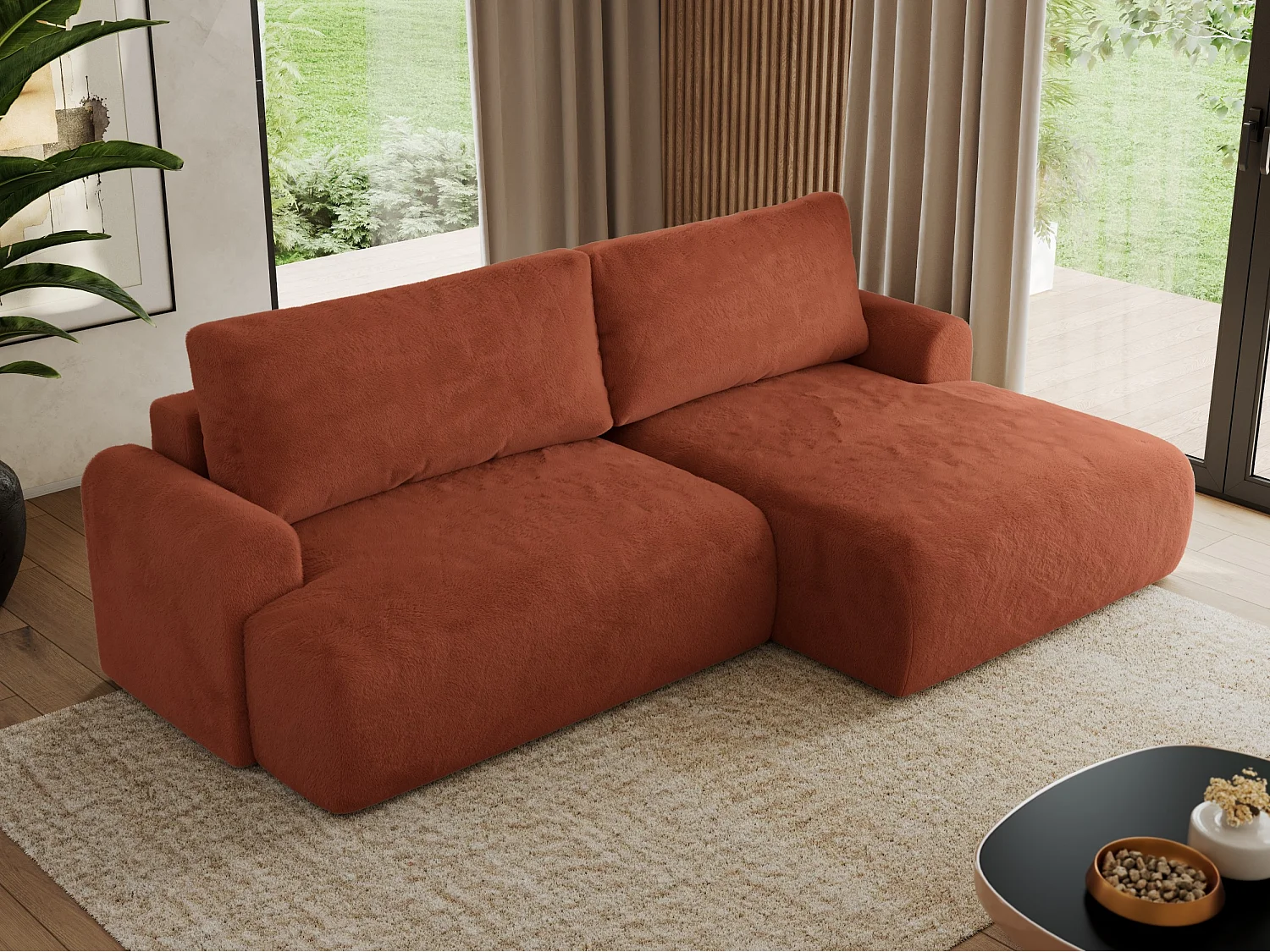 Ecksofa TONO - mit Schlaffunktion und Bettkasten, L-form Ecke, Armlehnen - Orange Plüsch - Ecke Rechts