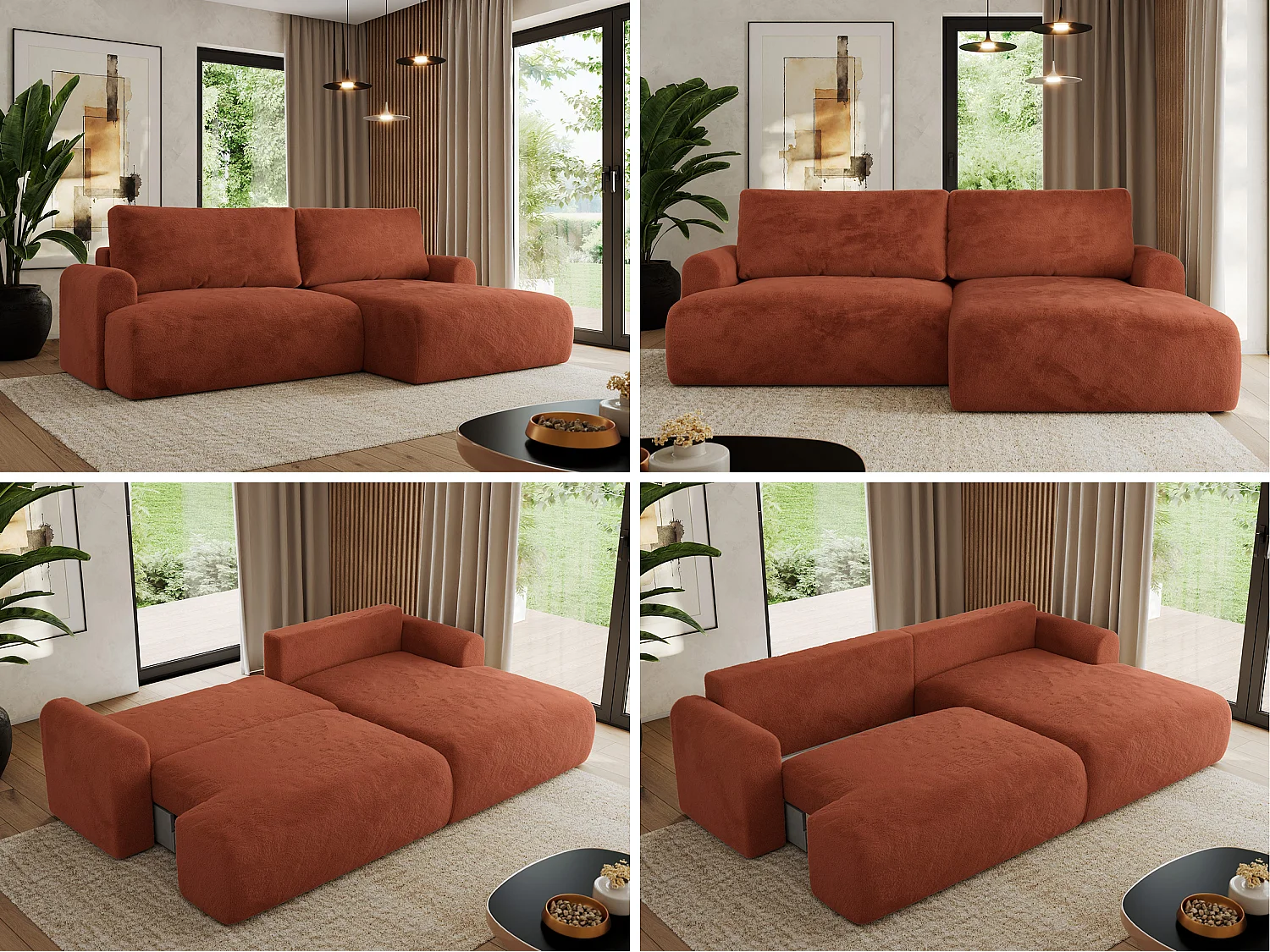 Ecksofa TONO - mit Schlaffunktion und Bettkasten, L-form Ecke, Armlehnen - Orange Plüsch - Ecke Rechts