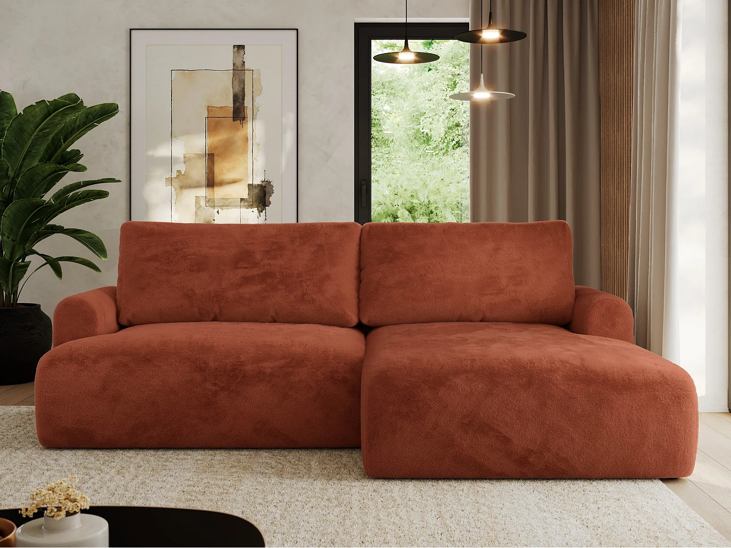 Ecksofa TONO - mit Schlaffunktion und Bettkasten, L-form Ecke, Armlehnen - Orange Plüsch - Ecke Rechts