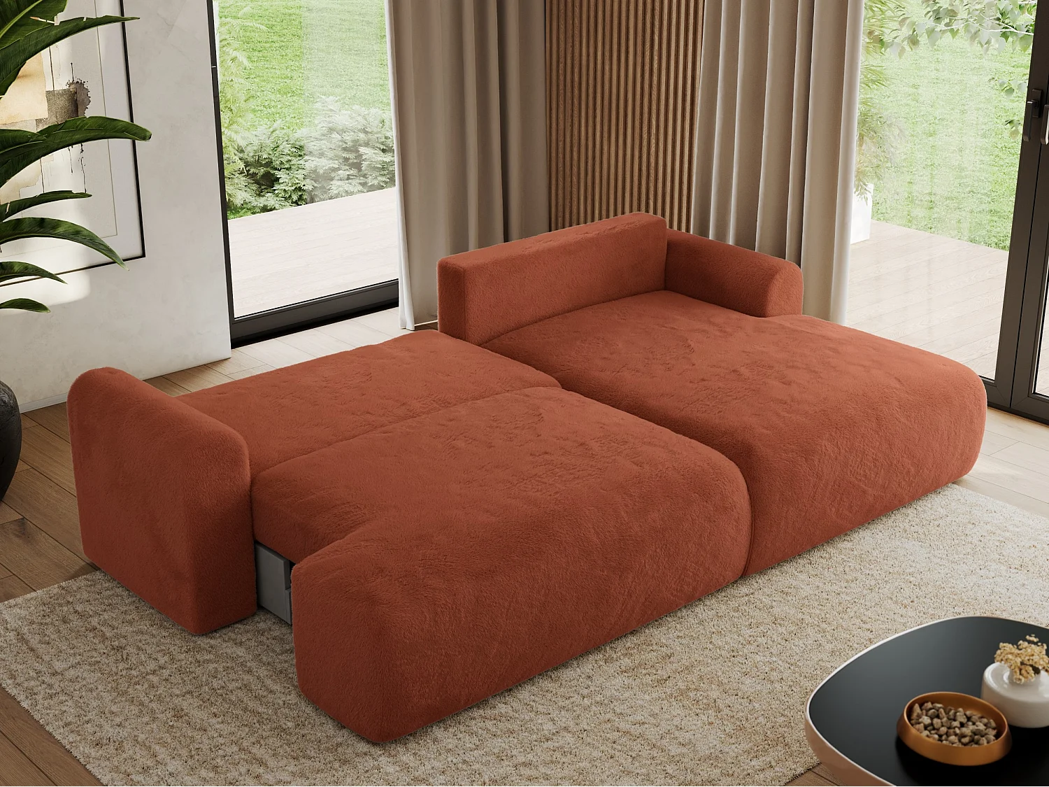 Ecksofa TONO - mit Schlaffunktion und Bettkasten, L-form Ecke, Armlehnen - Orange Plüsch - Ecke Rechts
