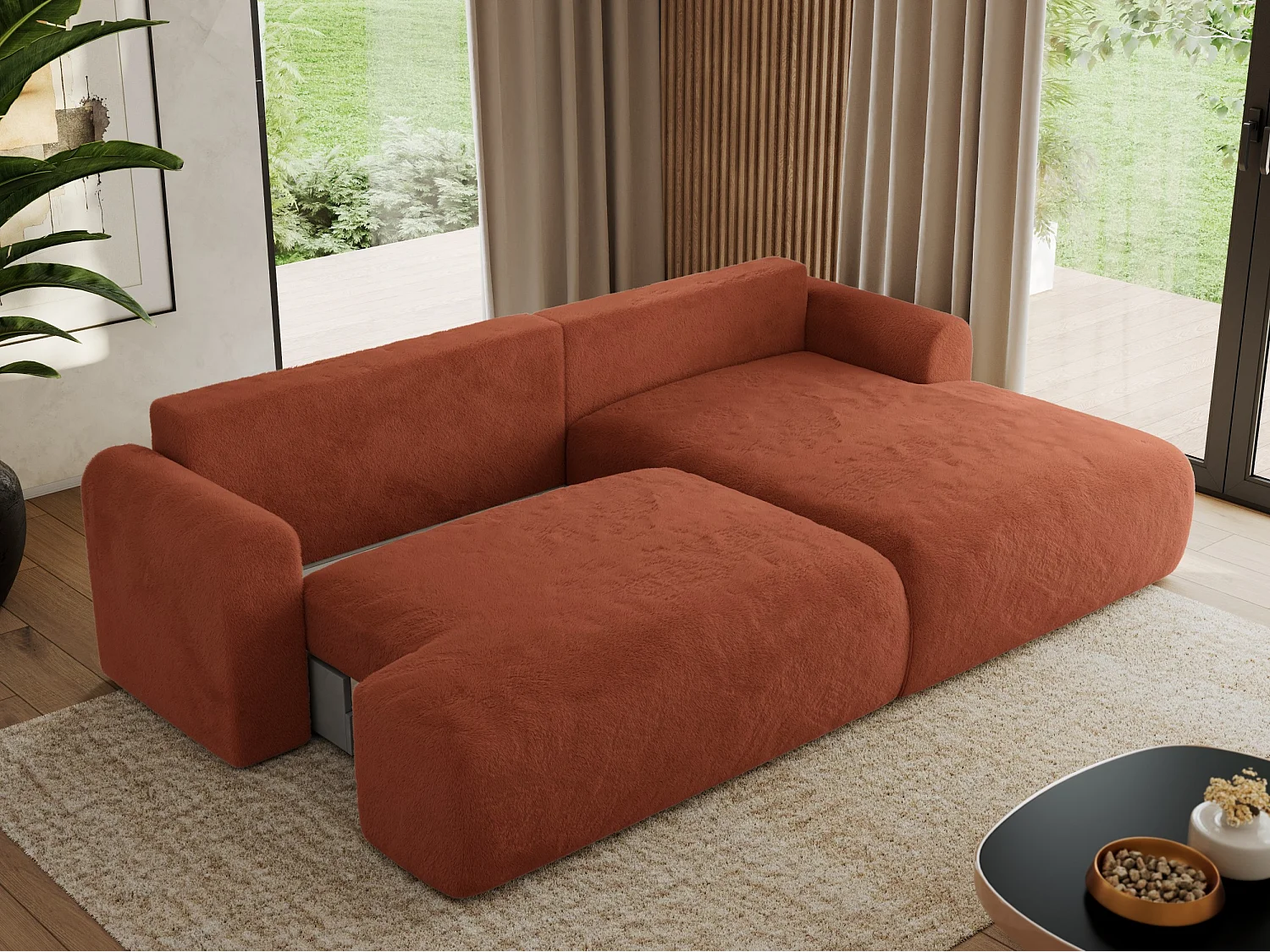 Ecksofa TONO - mit Schlaffunktion und Bettkasten, L-form Ecke, Armlehnen - Orange Plüsch - Ecke Rechts