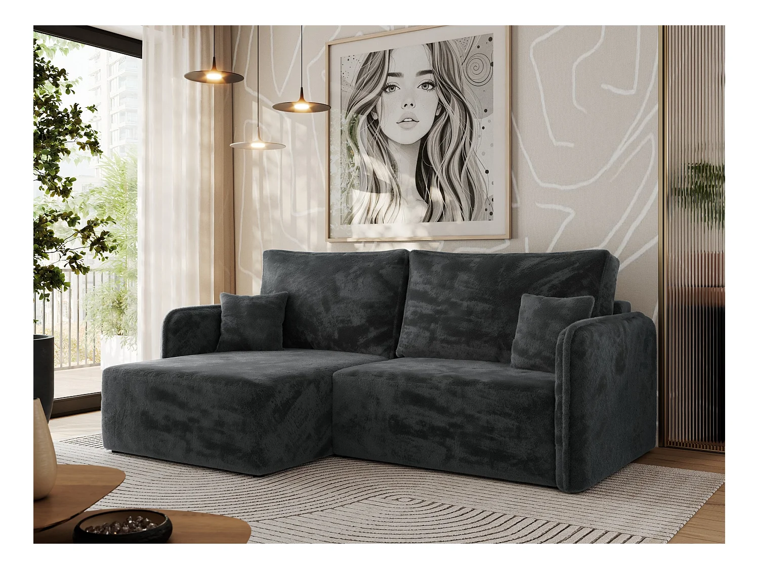 Ecksofa MESTO - Schlaffunktion und Bettkasten, L-form Couch für das Wohnzimmer, Armlehnen - Dunkelgrau Plüsch - Ecke Links