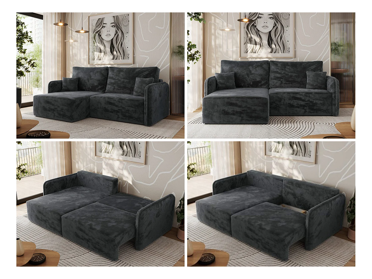 Ecksofa MESTO - Schlaffunktion und Bettkasten, L-form Couch für das Wohnzimmer, Armlehnen - Dunkelgrau Plüsch - Ecke Links