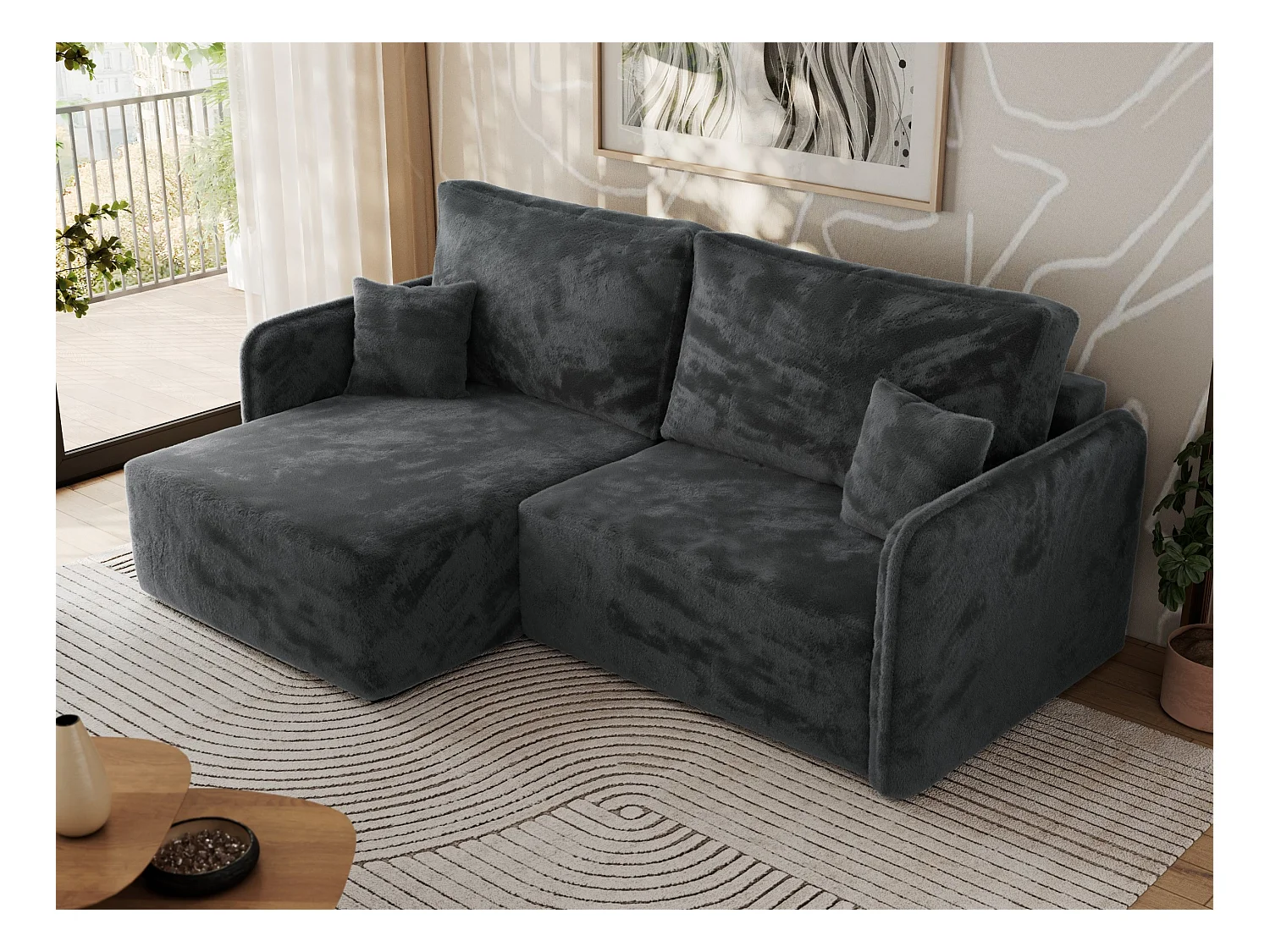 Ecksofa MESTO - Schlaffunktion und Bettkasten, L-form Couch für das Wohnzimmer, Armlehnen - Dunkelgrau Plüsch - Ecke Links