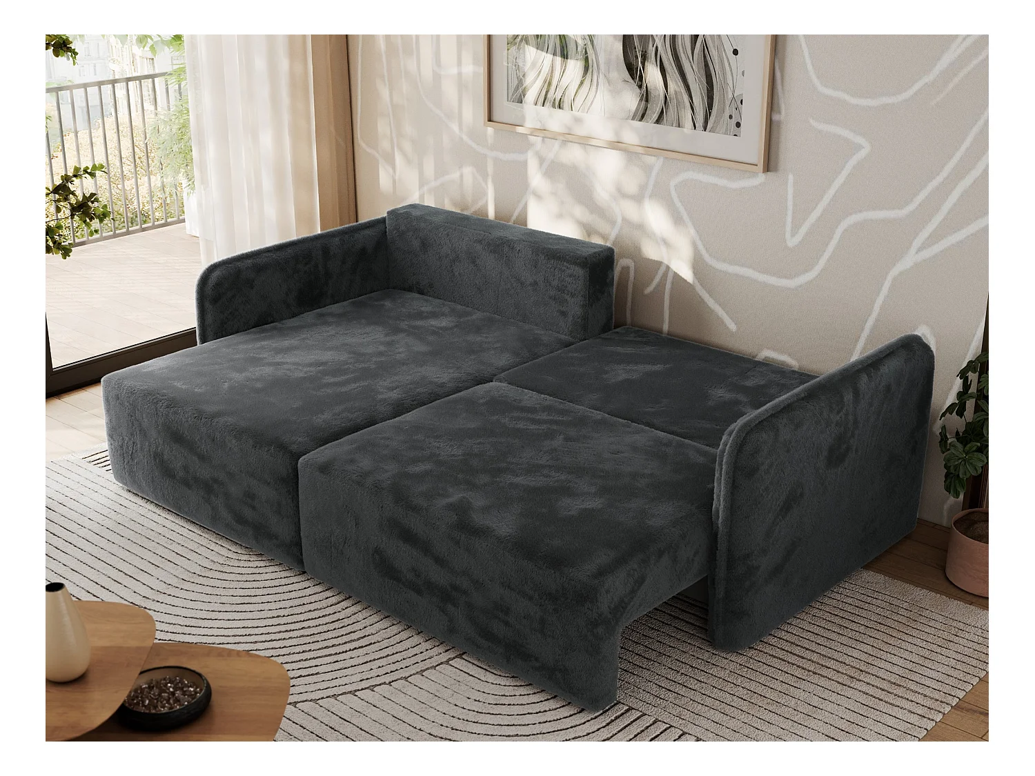 Ecksofa MESTO - Schlaffunktion und Bettkasten, L-form Couch für das Wohnzimmer, Armlehnen - Dunkelgrau Plüsch - Ecke Links