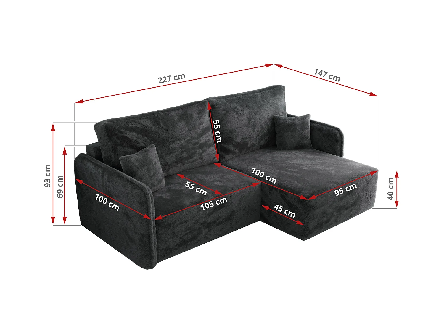 Ecksofa MESTO - Schlaffunktion und Bettkasten, L-form Couch für das Wohnzimmer, Armlehnen - Dunkelgrau Plüsch - Ecke Links