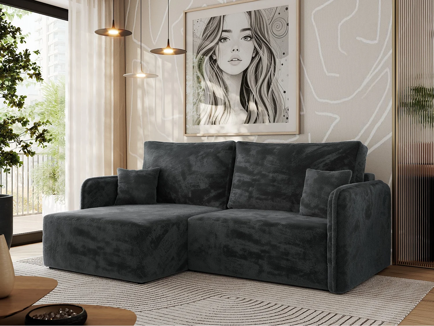 Ecksofa MESTO - Schlaffunktion und Bettkasten, L-form Couch für das Wohnzimmer, Armlehnen - Dunkelgrau Plüsch - Ecke Links