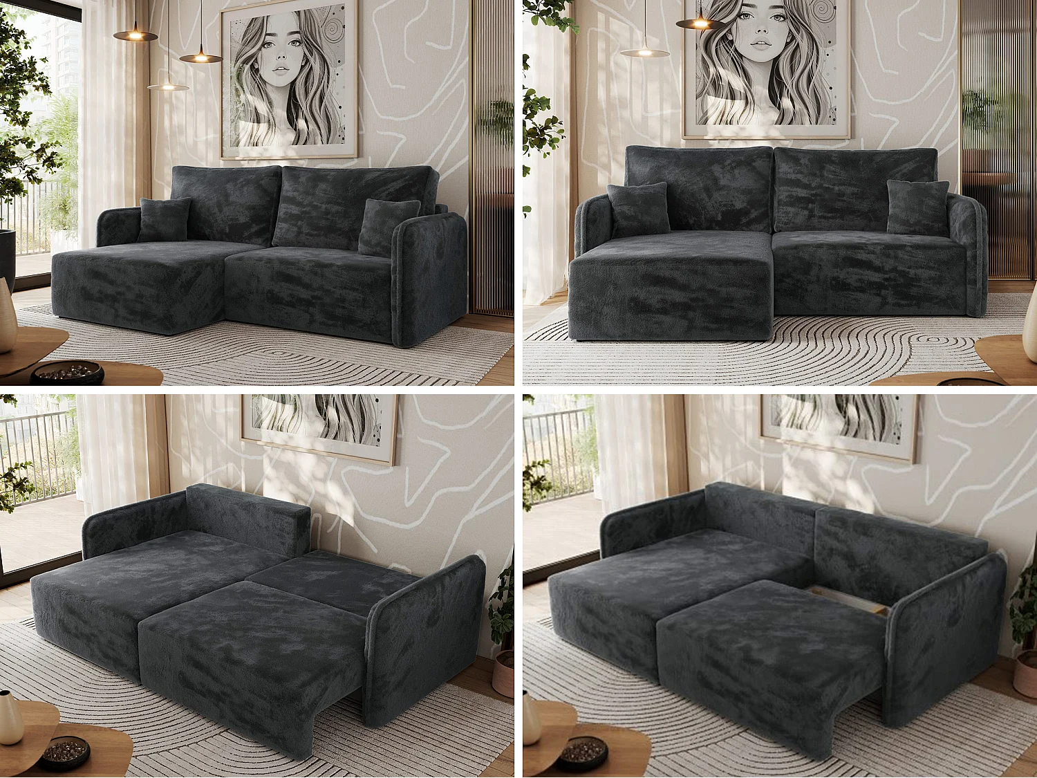 Ecksofa MESTO - Schlaffunktion und Bettkasten, L-form Couch für das Wohnzimmer, Armlehnen - Dunkelgrau Plüsch - Ecke Links