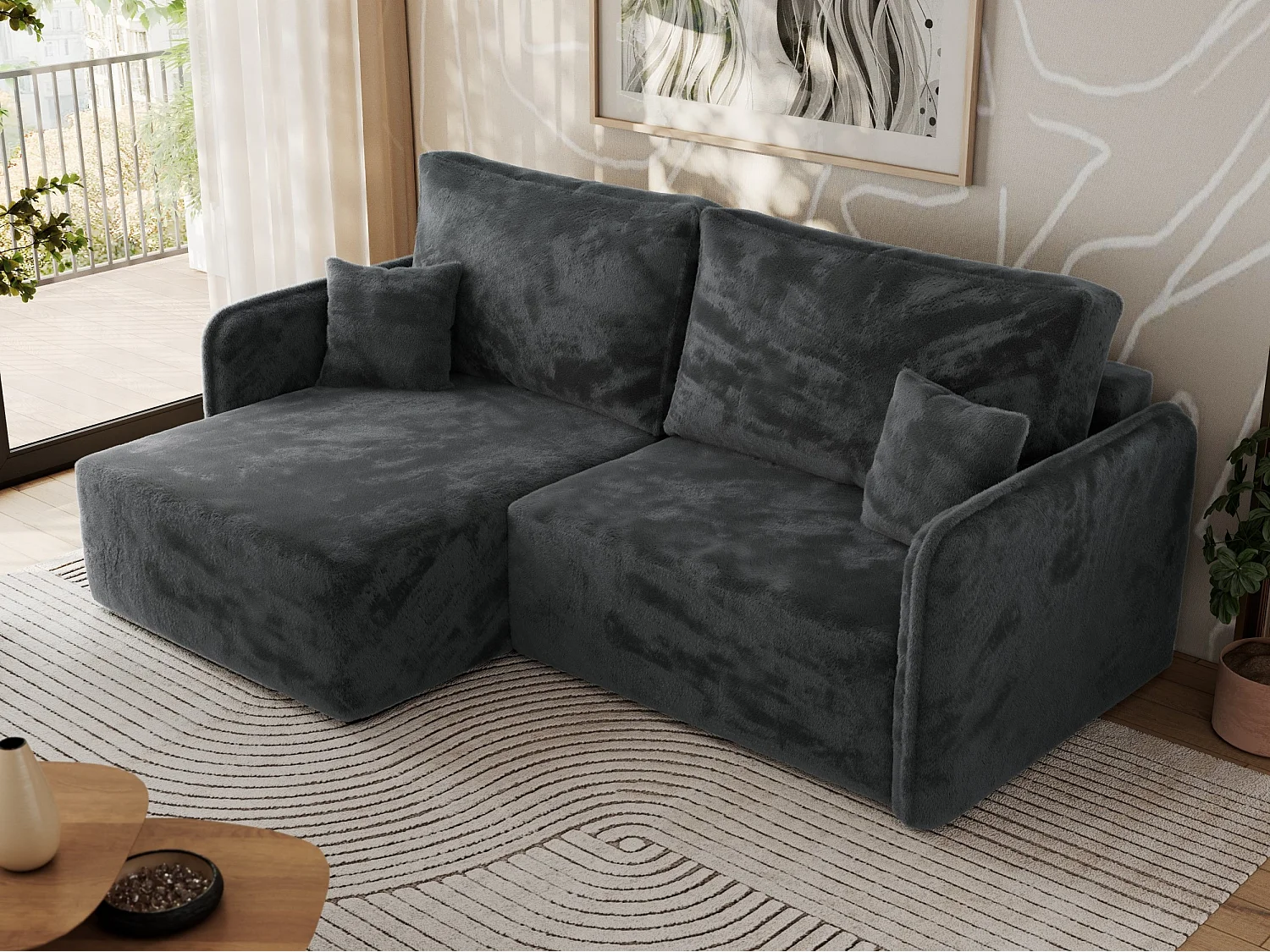 Ecksofa MESTO - Schlaffunktion und Bettkasten, L-form Couch für das Wohnzimmer, Armlehnen - Dunkelgrau Plüsch - Ecke Links