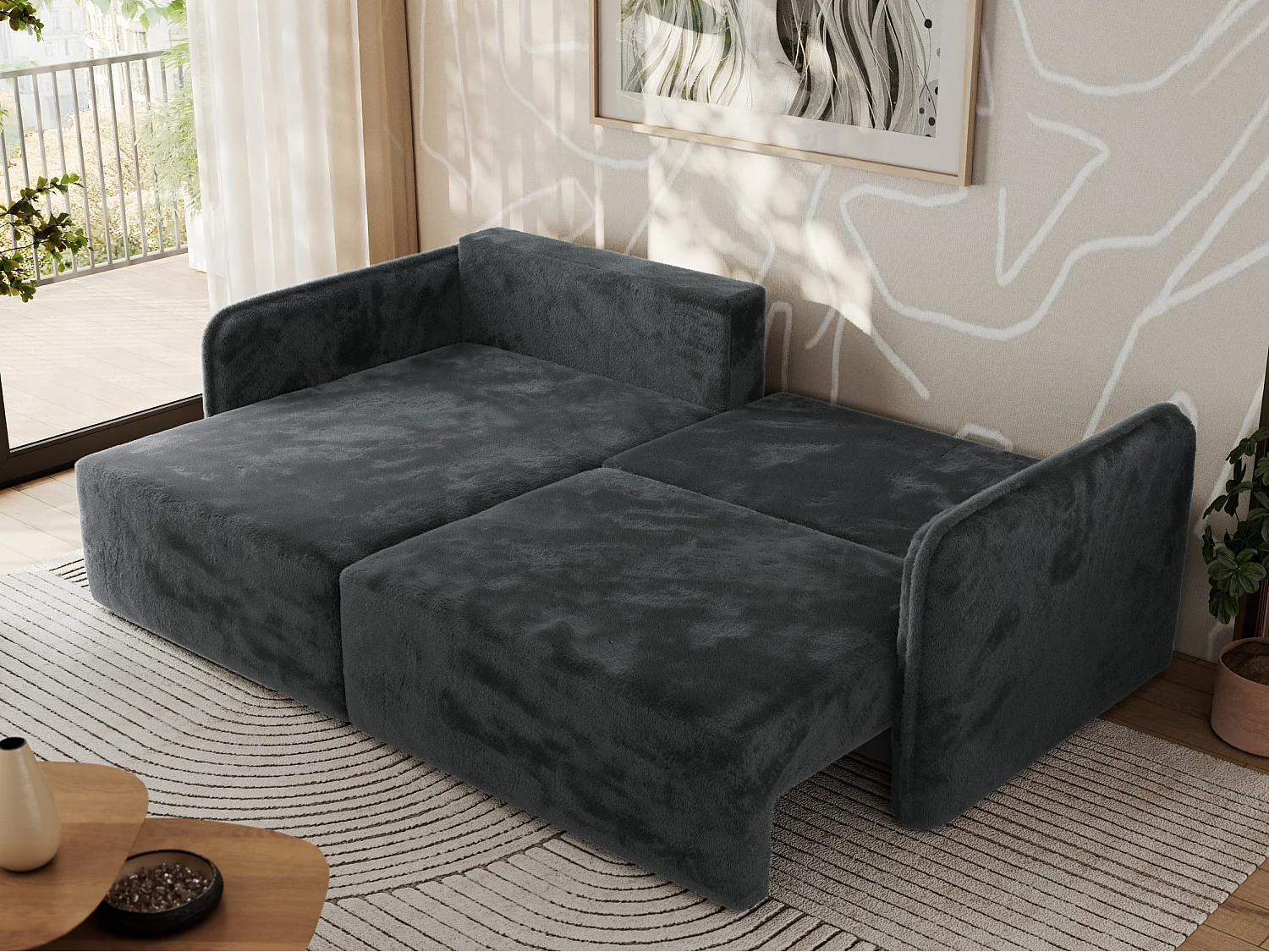 Ecksofa MESTO - Schlaffunktion und Bettkasten, L-form Couch für das Wohnzimmer, Armlehnen - Dunkelgrau Plüsch - Ecke Links