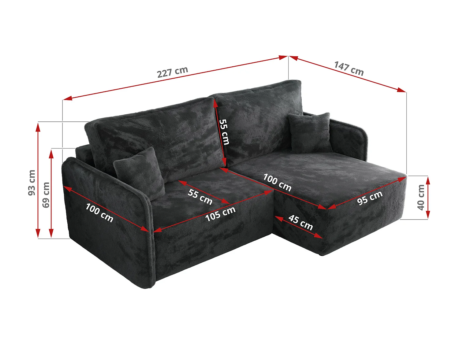 Ecksofa MESTO - Schlaffunktion und Bettkasten, L-form Couch für das Wohnzimmer, Armlehnen - Dunkelgrau Plüsch - Ecke Links