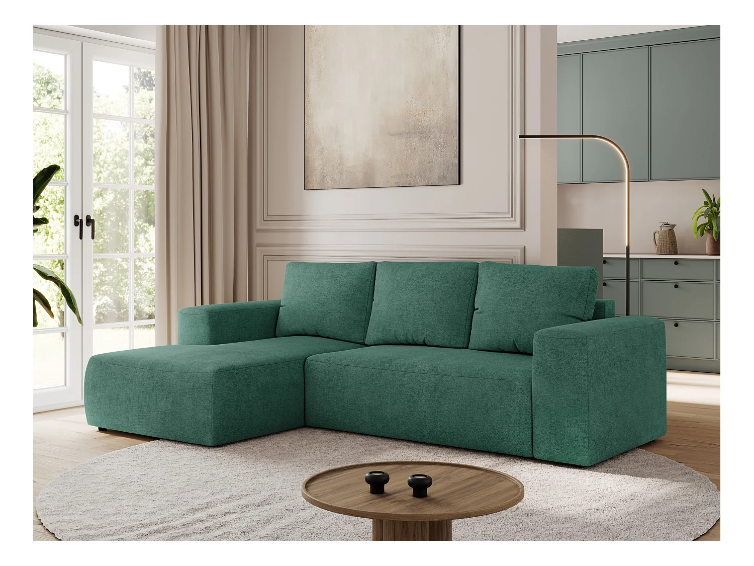 Ecksofa TRENTINO - mit Schlaffunktion und Bettkasten, L-form Couch, lose Kissen und Armlehnen - Grün Stukture - Ecke Links