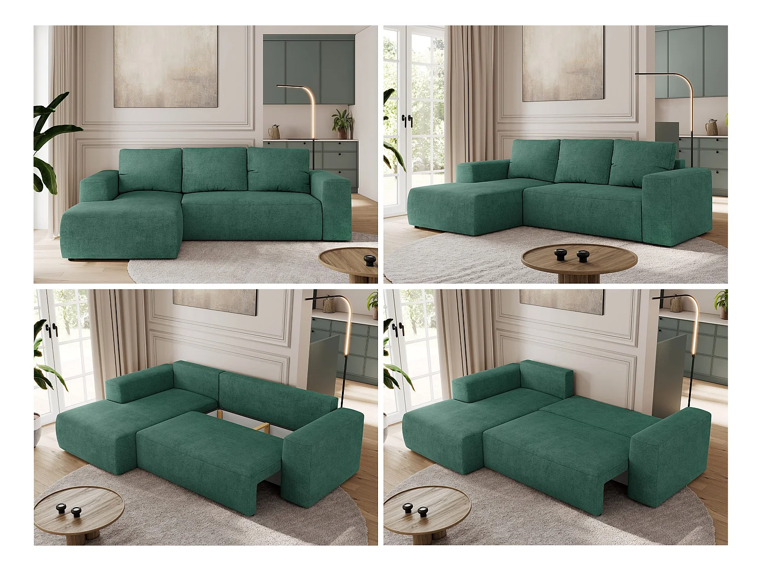 Ecksofa TRENTINO - mit Schlaffunktion und Bettkasten, L-form Couch, lose Kissen und Armlehnen - Grün Stukture - Ecke Links