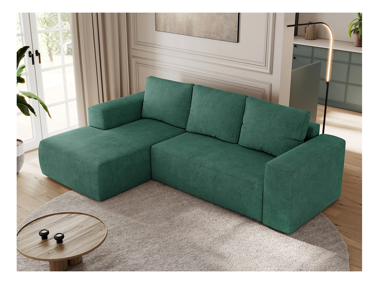 Ecksofa TRENTINO - mit Schlaffunktion und Bettkasten, L-form Couch, lose Kissen und Armlehnen - Grün Stukture - Ecke Links