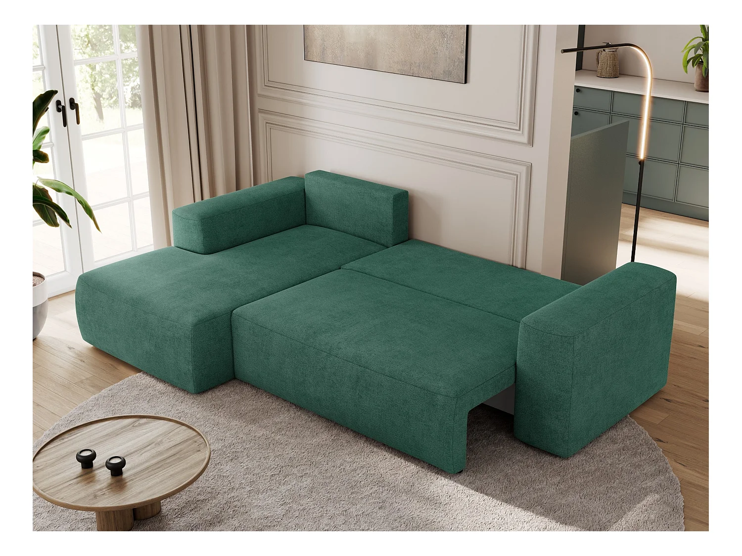 Ecksofa TRENTINO - mit Schlaffunktion und Bettkasten, L-form Couch, lose Kissen und Armlehnen - Grün Stukture - Ecke Links