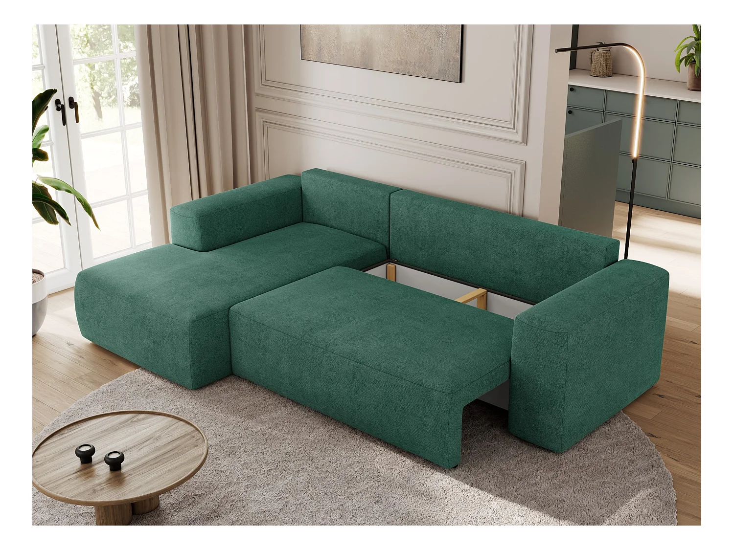 Ecksofa TRENTINO - mit Schlaffunktion und Bettkasten, L-form Couch, lose Kissen und Armlehnen - Grün Stukture - Ecke Links