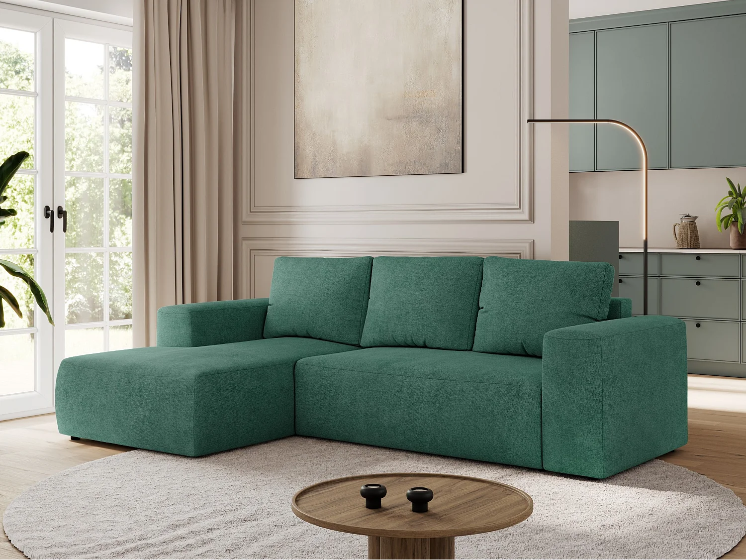 Ecksofa TRENTINO - mit Schlaffunktion und Bettkasten, L-form Couch, lose Kissen und Armlehnen - Grün Stukture - Ecke Links