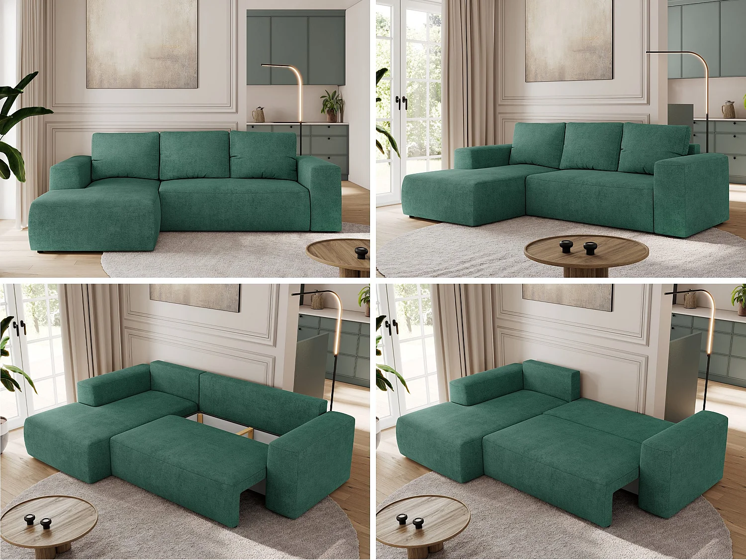 Ecksofa TRENTINO - mit Schlaffunktion und Bettkasten, L-form Couch, lose Kissen und Armlehnen - Grün Stukture - Ecke Links