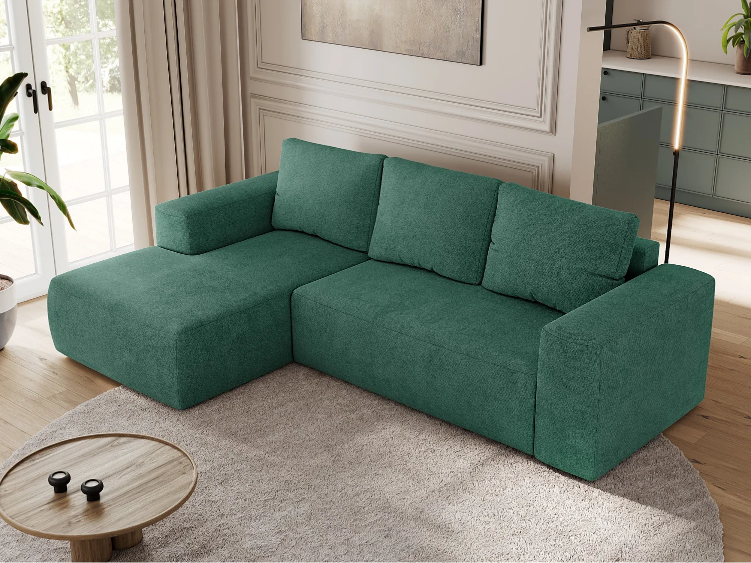 Ecksofa TRENTINO - mit Schlaffunktion und Bettkasten, L-form Couch, lose Kissen und Armlehnen - Grün Stukture - Ecke Links