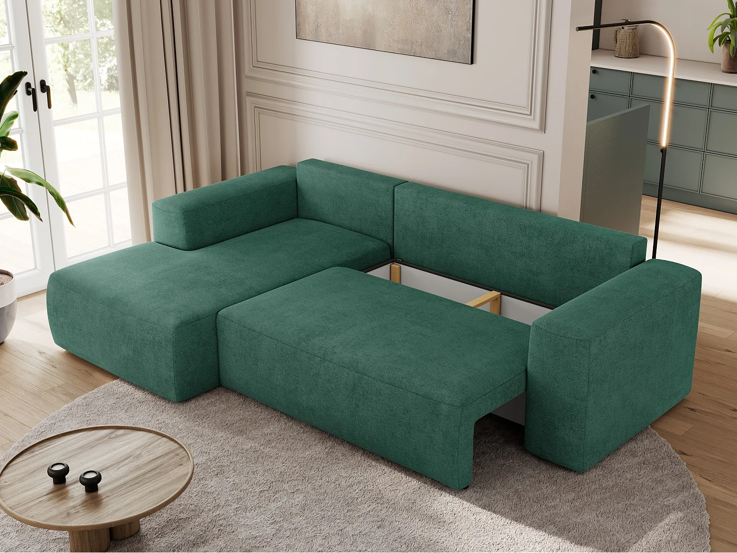 Ecksofa TRENTINO - mit Schlaffunktion und Bettkasten, L-form Couch, lose Kissen und Armlehnen - Grün Stukture - Ecke Links