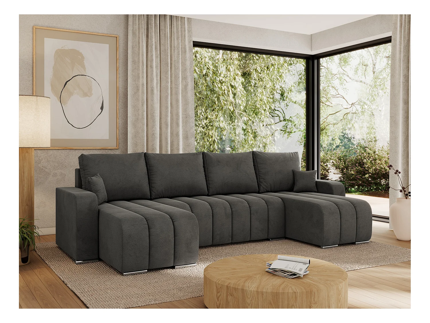 Ecksofa KIRASSO U - Wohnlandschaft, Schlaffunktion und Bettkasten, Couch U-form, lose Kissen - Dunkelgrau Velvet