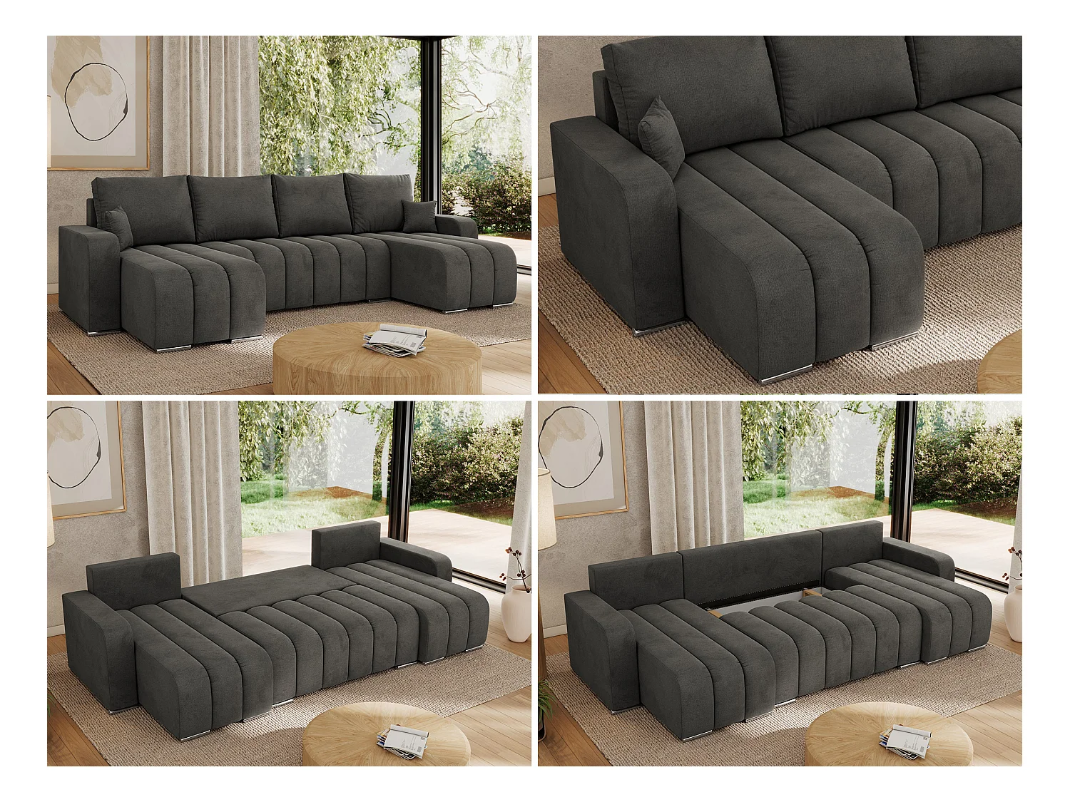 Ecksofa KIRASSO U - Wohnlandschaft, Schlaffunktion und Bettkasten, Couch U-form, lose Kissen - Dunkelgrau Velvet