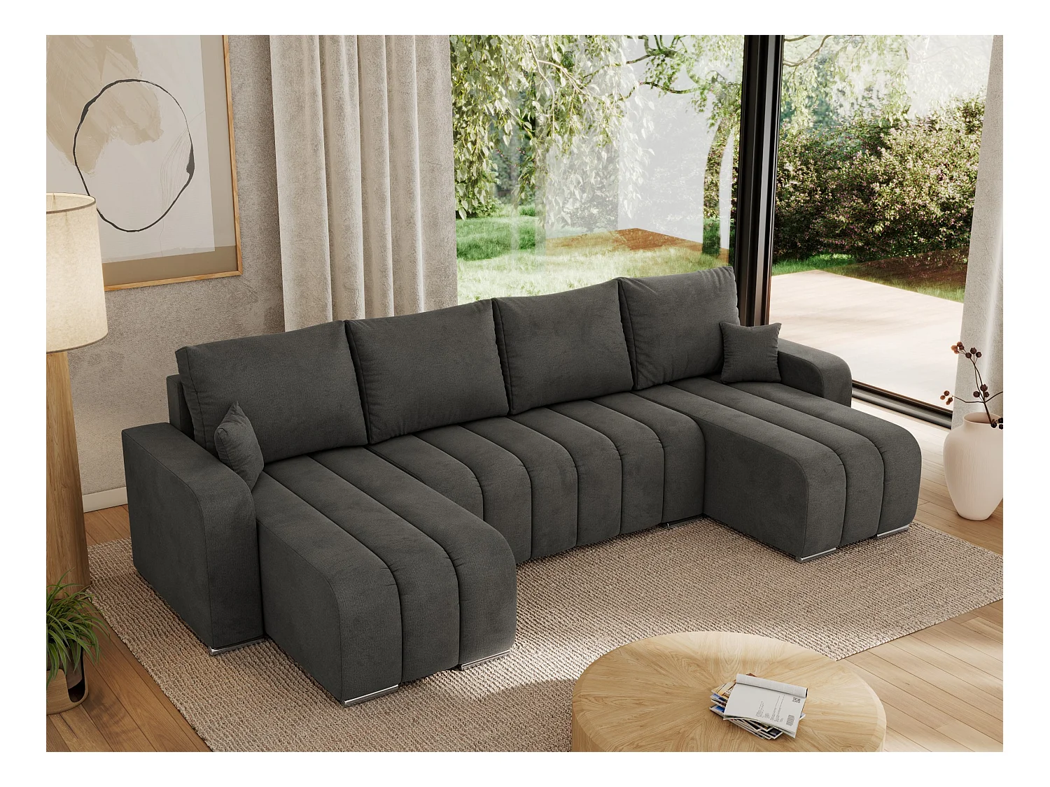Ecksofa KIRASSO U - Wohnlandschaft, Schlaffunktion und Bettkasten, Couch U-form, lose Kissen - Dunkelgrau Velvet